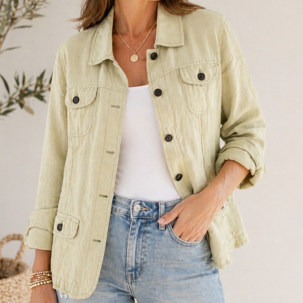 J Jill 100% Linen Jacket Womens Large Petite Soft Pistachio Button Front Coastal